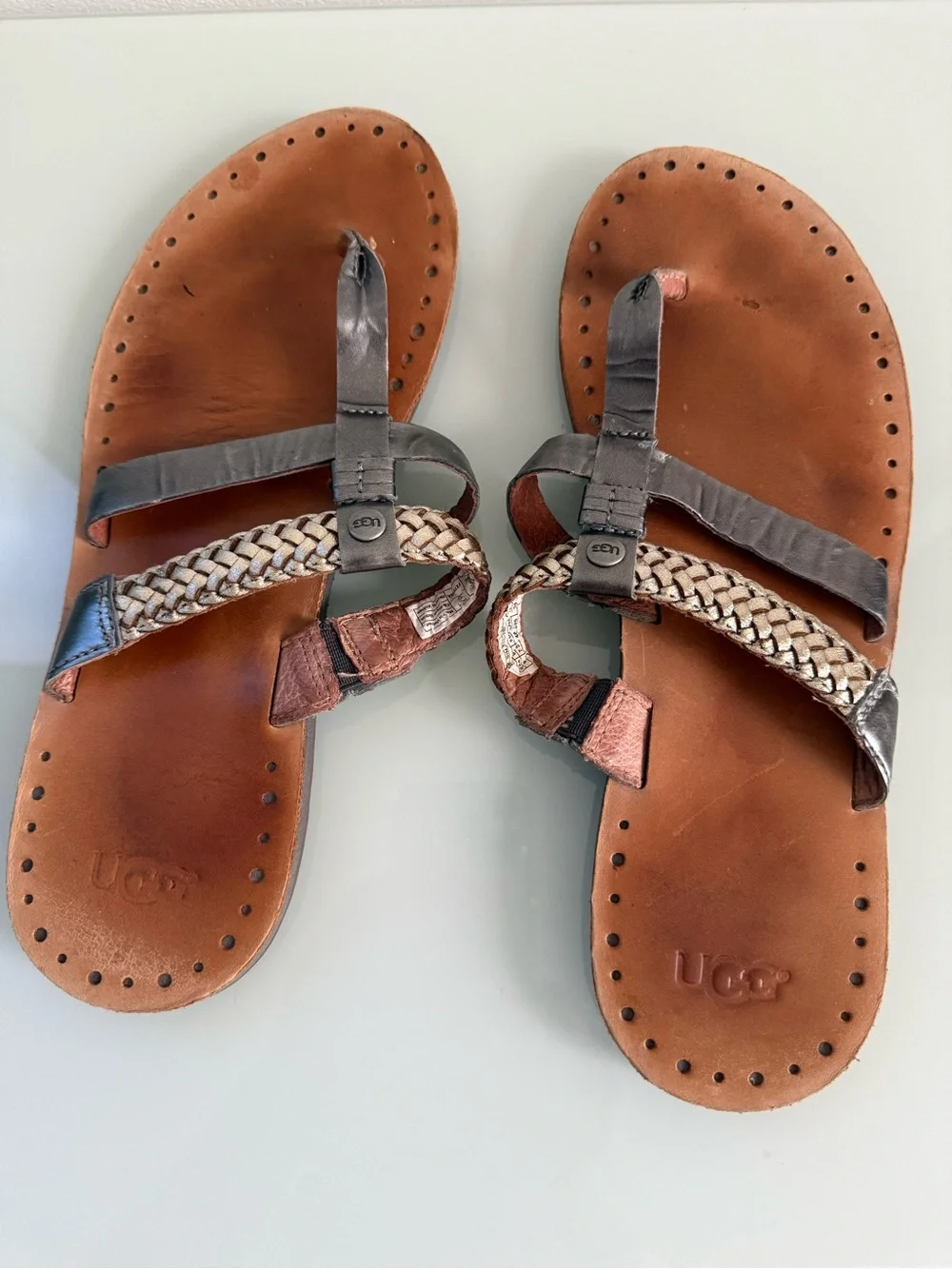 UGG Women's Brown Tan Braided Leather Toe-Loop Sandals